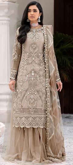 Festive, Party Wear Beige and Brown color Long Lehenga Choli in Net fabric with Embroidered, Sequence, Stone work : 1823392