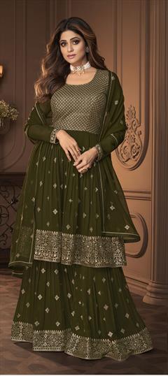 Bollywood Green color Salwar Kameez in Georgette fabric with Palazzo Embroidered, Sequence, Thread, Zari work : 1823420