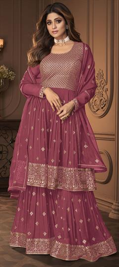 Bollywood Pink and Majenta color Salwar Kameez in Georgette fabric with Palazzo Embroidered, Sequence, Thread, Zari work : 1823421