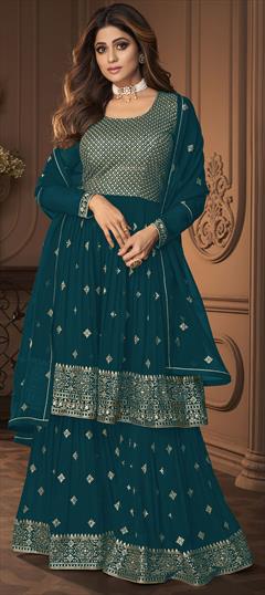 Bollywood Blue color Salwar Kameez in Georgette fabric with Palazzo Embroidered, Sequence, Thread, Zari work : 1823424