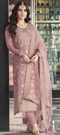 Bollywood Pink and Majenta color Salwar Kameez in Jacquard fabric with Straight Embroidered, Thread, Weaving, Zari work : 1823437