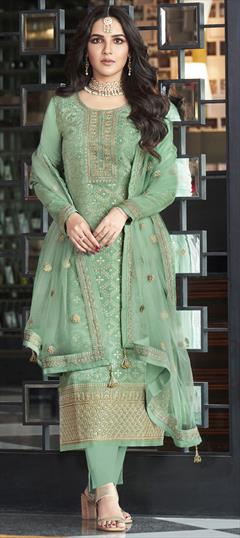 Bollywood Green color Salwar Kameez in Jacquard fabric with Straight Embroidered, Thread, Weaving, Zari work : 1823440
