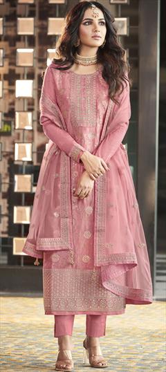 Bollywood, Festive Pink and Majenta color Salwar Kameez in Jacquard fabric with Straight Embroidered, Thread, Weaving, Zari work : 1823441