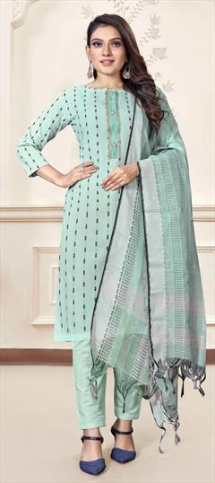 Casual Blue color Salwar Kameez in Cotton fabric with Straight Embroidered, Thread work : 1823448