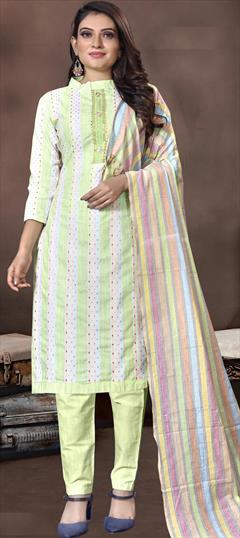 Casual Green color Salwar Kameez in Cotton fabric with Straight Embroidered, Thread work : 1823452