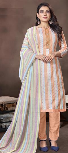 Casual Orange color Salwar Kameez in Cotton fabric with Straight Embroidered, Thread work : 1823453
