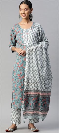 Casual, Party Wear Blue color Salwar Kameez in Cotton fabric with Straight Floral, Lace, Printed work : 1823730