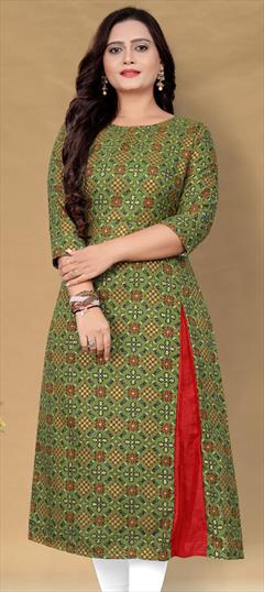 Casual Green color Kurti in Cotton fabric with Long Sleeve, Straight Printed work : 1823798