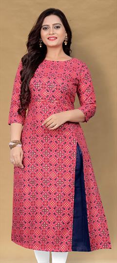 Casual Pink and Majenta color Kurti in Cotton fabric with Long Sleeve, Straight Printed work : 1823799