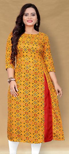 Casual Yellow color Kurti in Cotton fabric with Long Sleeve, Straight Printed work : 1823801