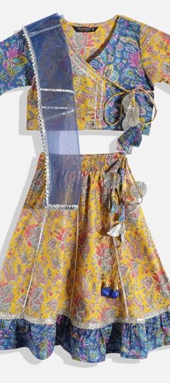 Casual Blue, Yellow color Kids Lehenga in Cotton, Net fabric with Floral, Gota Patti, Printed work : 1823829