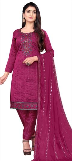 Festive, Party Wear Pink and Majenta color Salwar Kameez in Cotton fabric with Straight Embroidered, Thread work : 1823926