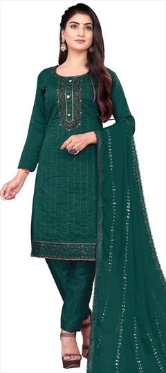 Festive, Party Wear Green color Salwar Kameez in Cotton fabric with Straight Embroidered, Thread work : 1823928