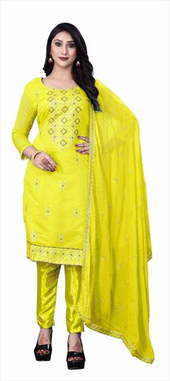 Festive, Party Wear Yellow color Salwar Kameez in Cotton fabric with Straight Embroidered, Thread work : 1823934