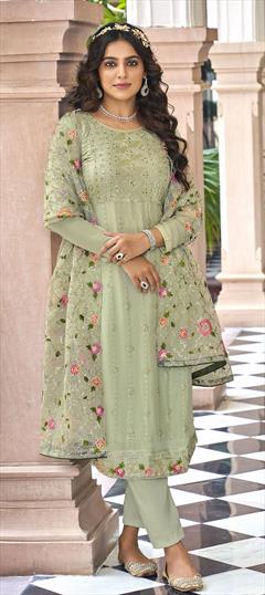 Festive, Party Wear Green color Salwar Kameez in Chiffon fabric with Straight Embroidered, Mirror, Resham, Thread work : 1823947
