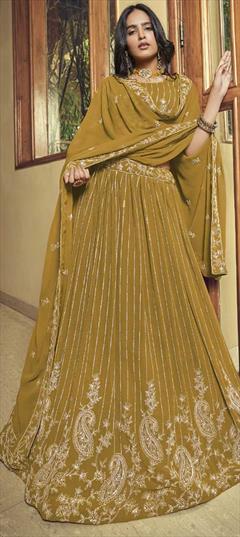 Festive, Wedding Yellow color Lehenga in Georgette fabric with A Line Embroidered, Sequence work : 1823951