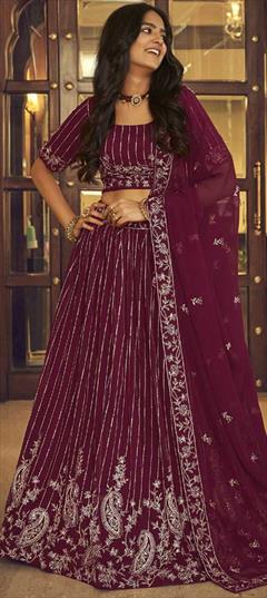 Festive, Wedding Purple and Violet color Lehenga in Georgette fabric with A Line Embroidered, Sequence work : 1823953