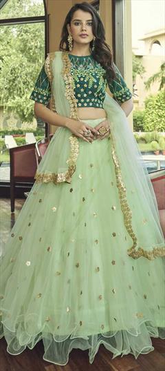 Festive, Wedding Green color Lehenga in Net fabric with Umbrella Shape Thread work : 1823955