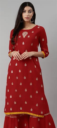 Party Wear Red and Maroon color Kurti in Rayon fabric with Long Sleeve, Straight Gota Patti work : 1823979