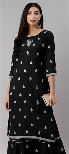 Party Wear Black and Grey color Kurti in Rayon fabric with Long Sleeve, Straight Gota Patti work : 1823980