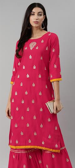 Party Wear Pink and Majenta color Kurti in Rayon fabric with Long Sleeve, Straight Gota Patti work : 1823982