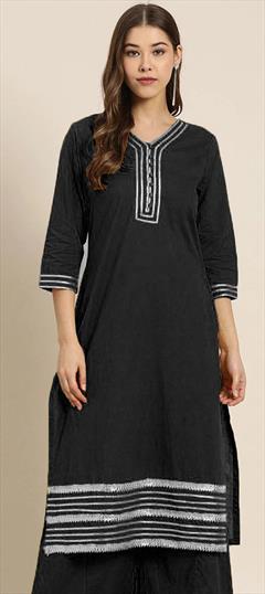 Party Wear Black and Grey color Kurti in Rayon fabric with Long Sleeve, Straight Gota Patti work : 1823985
