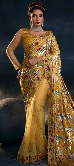 Bridal, Wedding Yellow color Saree in Lycra fabric with Classic Appliques, Digital Print, Mirror, Sequence, Thread, Zircon work : 1823996