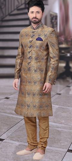 Gold color Sherwani in Jacquard fabric with Weaving work : 1824005