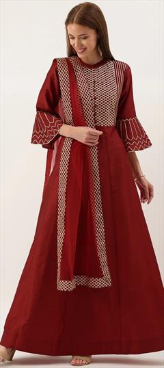 Reception, Wedding Red and Maroon color Salwar Kameez in Art Silk fabric with Anarkali Gota Patti work : 1824053