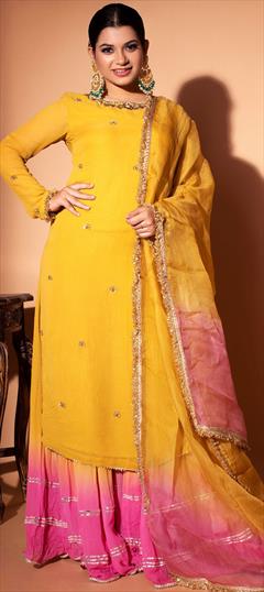 Festive, Party Wear Yellow color Salwar Kameez in Georgette fabric with Sharara Bugle Beads, Gota Patti, Sequence work : 1824143