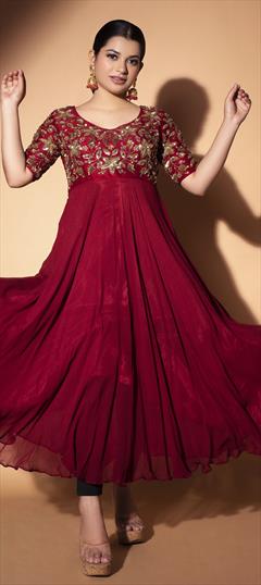 Festive, Party Wear Red and Maroon color Salwar Kameez in Georgette, Raw Silk fabric with Churidar Bugle Beads, Sequence work : 1824144