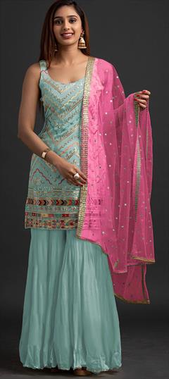 Mehendi Sangeet, Reception Blue color Salwar Kameez in Georgette fabric with Sharara Embroidered, Sequence, Thread, Zari work : 1824357