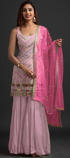 Mehendi Sangeet, Reception Pink and Majenta color Salwar Kameez in Georgette fabric with Sharara Embroidered, Sequence, Thread, Zari work : 1824360