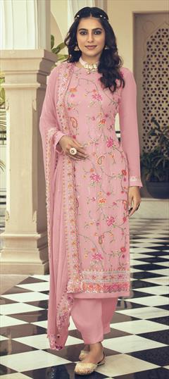 Party Wear, Reception Pink and Majenta color Salwar Kameez in Georgette fabric with Straight Embroidered, Resham, Sequence, Thread work : 1824365
