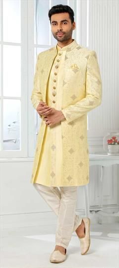 Yellow color IndoWestern Dress in Art Silk fabric with Embroidered, Thread work : 1824393