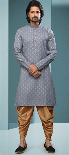 Black and Grey color Dhoti Kurta in Cotton fabric with Thread work : 1824401