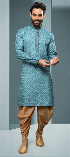 Blue color Dhoti Kurta in Cotton fabric with Mirror, Printed, Thread work : 1824405