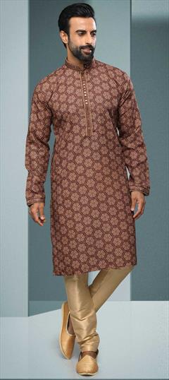 Beige and Brown color Kurta Pyjamas in Cotton fabric with Mirror, Printed, Thread work : 1824417
