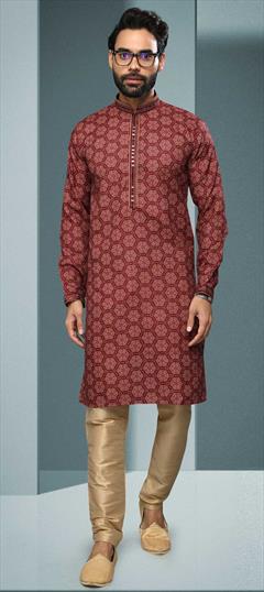 Red and Maroon color Kurta Pyjamas in Cotton fabric with Mirror, Printed, Thread work : 1824418