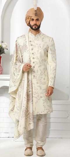 Beige and Brown color Sherwani in Art Silk fabric with Embroidered, Thread work : 1824424