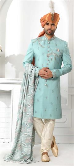 Blue color Sherwani in Art Silk fabric with Embroidered, Thread work : 1824425