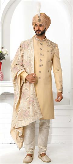 Beige and Brown color Sherwani in Art Silk fabric with Embroidered, Thread work : 1824426