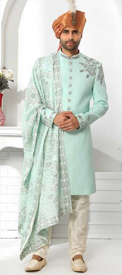 Green color Sherwani in Art Silk fabric with Embroidered, Thread work : 1824427