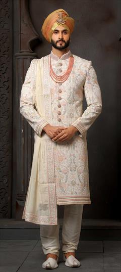 Beige and Brown color Sherwani in Georgette fabric with Embroidered, Thread work : 1824448