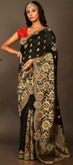 Traditional, Wedding Black and Grey color Saree in Kanchipuram Silk, Silk fabric with South Bugle Beads, Cut Dana, Stone, Weaving work : 1824541