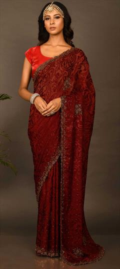 Reception, Wedding Red and Maroon color Saree in Brasso fabric with Classic Cut Dana, Stone work : 1824543