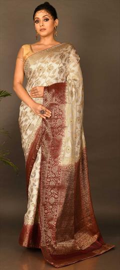 Traditional, Wedding White and Off White color Saree in Kanchipuram Silk, Silk fabric with South Stone, Weaving work : 1824546