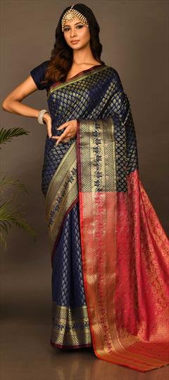 Traditional, Wedding Blue color Saree in Kanchipuram Silk, Silk fabric with South Stone, Weaving work : 1824549