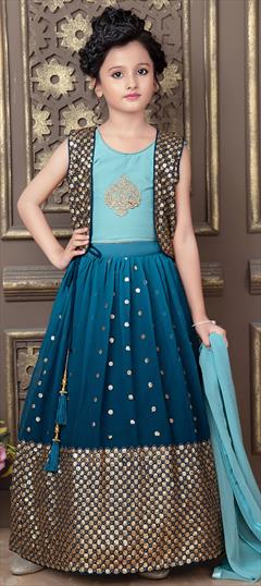 Blue color Kids Lehenga in Georgette fabric with Embroidered, Sequence, Thread work : 1824663
