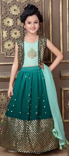 Green color Kids Lehenga in Georgette fabric with Embroidered, Sequence, Thread work : 1824664